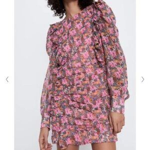 Zara Floral Long Sleeve Dress With Ruffle Details & Ruched Sides Size small